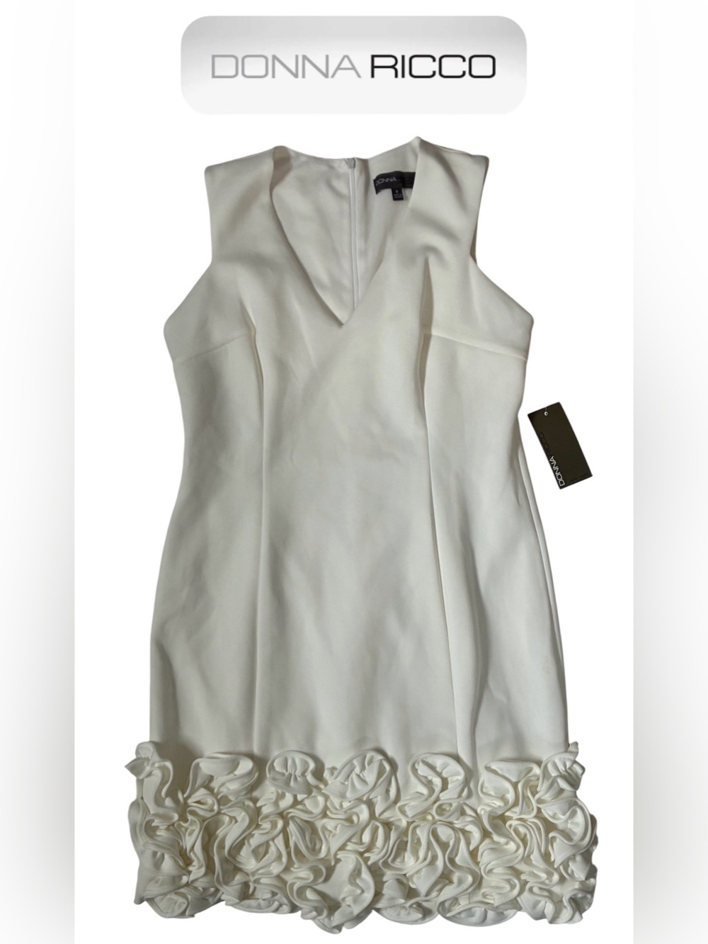 IVORY SLEEVELESS MINI DRESS ROSETTE RUFFLE HEM